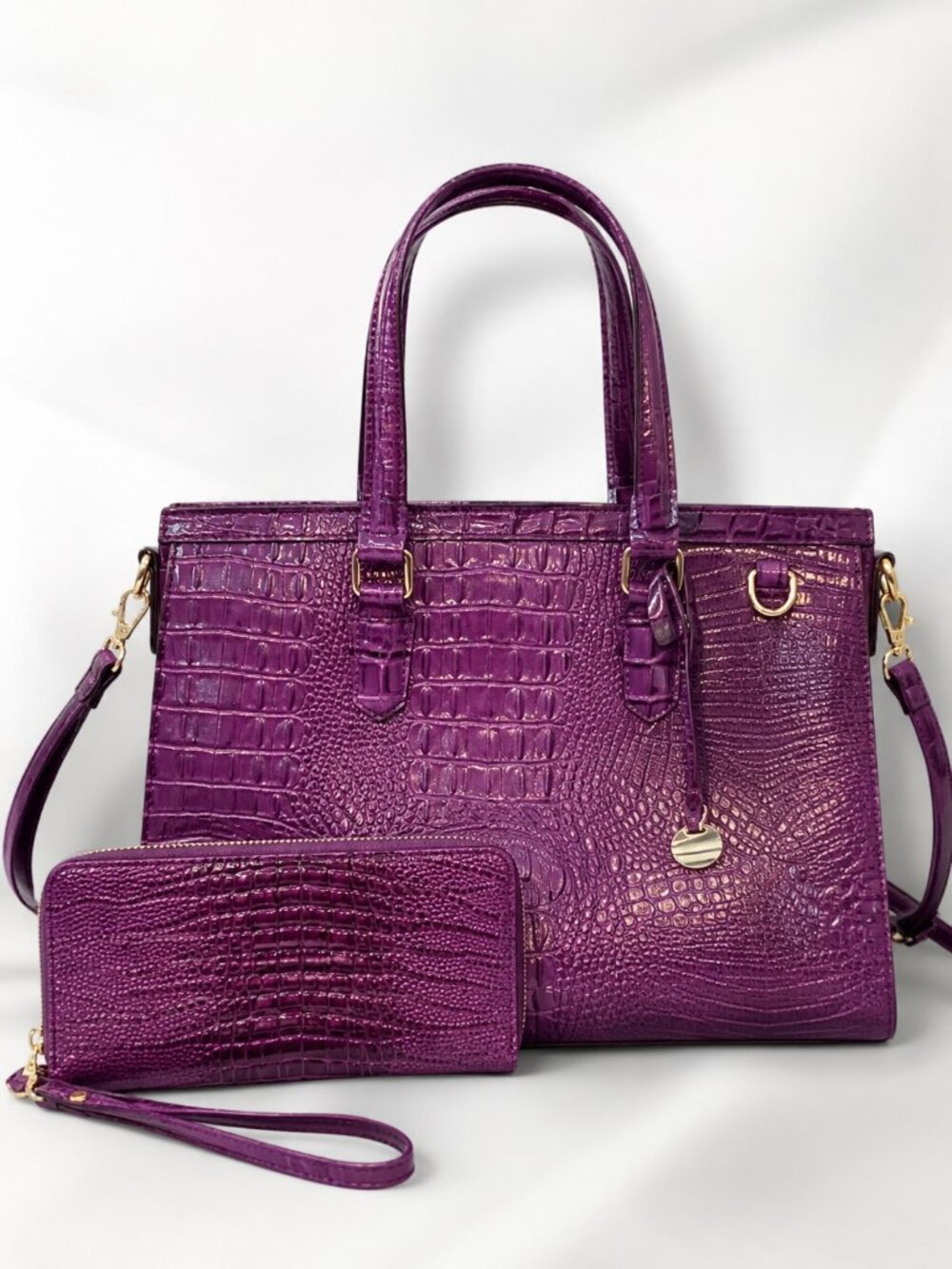 Purple Crocodile Embossed Handbag Wallet Set Vegan Leather Crossbody Purse